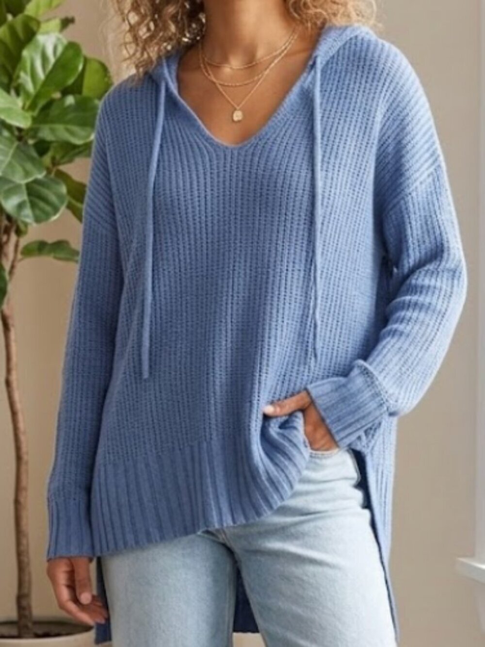 Aerie Blue Hooded Sweater Size XS V Neck Knit Cozy Oversized Casual